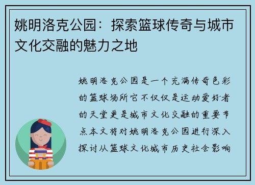 姚明洛克公园：探索篮球传奇与城市文化交融的魅力之地