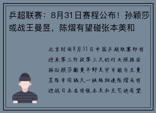 乒超联赛：8月31日赛程公布！孙颖莎或战王曼昱，陈熠有望碰张本美和